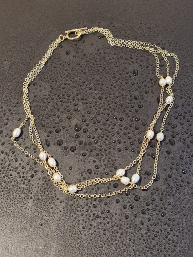 Naszyjnik - perły białe, hodowane, potrójny, złoty, łańcuszek_artmotyw