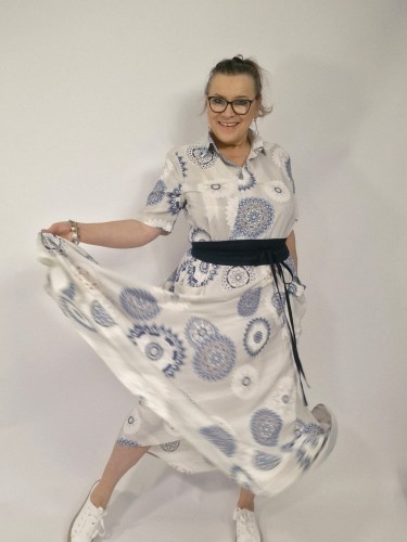 Sukienka - cienka, letnia, pastelowe kolory, wzór koła, bawełna, wiskoza, szeroka_artmotyw