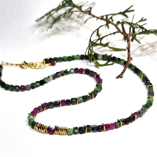 Naszyjnik - zoisyt z rubinem, kamienie naturalne, hematyt, pozłacane srebro_artmotyw