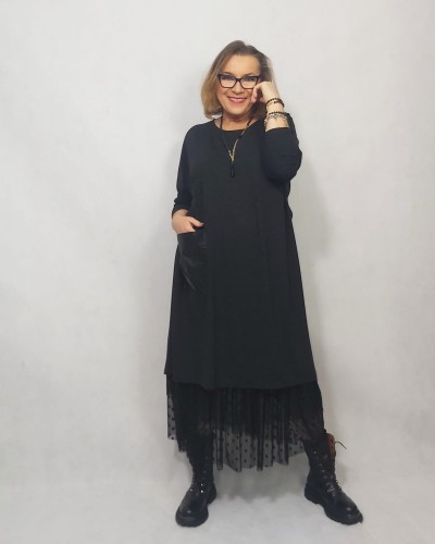 Sukienka - dwuczęściowa, czarna, dzianina, wiskoza, tiul, halka_artmotyw