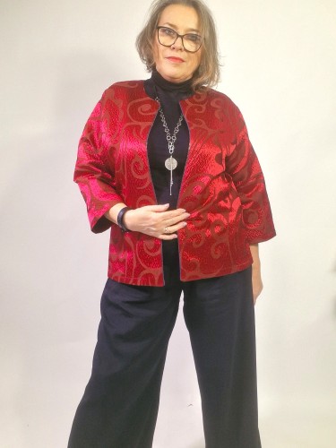 Wdzianko - krótkie, żakard, czerwone, jedwab, eleganckie, do spodni_artmotyw