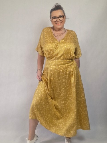 Sukienka - wiskoza, groszki, kolor miodowy, letnia, długa, krótki rękaw, szeroka_artmotyw