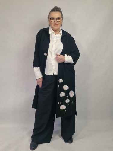 Płaszczyk - ręcznie malowany, hand made, tencel, czarny, wiosenny, lekki, bez podszewki_artmotyw