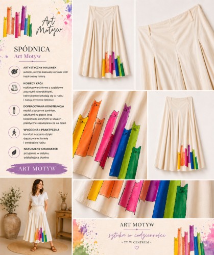 Malowane koty na szerokiej spódnicy z zakładkami  - autorski projekt Art Motyw