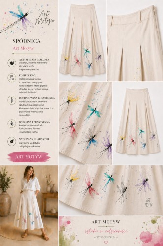 Lekka piaskowa spódnica z ważkami ręcznie malowanymi - projekt autorski Art Motyw